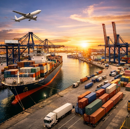 Puerto con contenedores, barco y avión